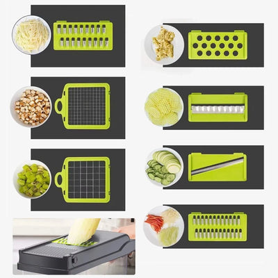 16 in 1 Vegetable Chopper, Multifunctional Food Chopper Slicer Dicer Grater Julienne Cutter with Peeler, Manual Mandoline Vegetable Cutter, 1.5L Container, Stainless Steel Blades for Potato Onion Carrot Cucumber Salad