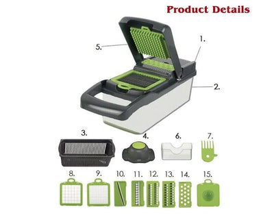 16 in 1 Vegetable Chopper, Multifunctional Food Chopper Slicer Dicer Grater Julienne Cutter with Peeler, Manual Mandoline Vegetable Cutter, 1.5L Container, Stainless Steel Blades for Potato Onion Carrot Cucumber Salad