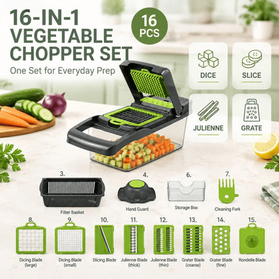 16 in 1 Vegetable Chopper, Multifunctional Food Chopper Slicer Dicer Grater Julienne Cutter with Peeler, Manual Mandoline Vegetable Cutter, 1.5L Container, Stainless Steel Blades for Potato Onion Carrot Cucumber Salad