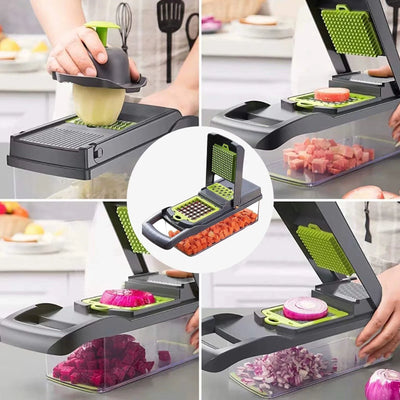 16 in 1 Vegetable Chopper, Multifunctional Food Chopper Slicer Dicer Grater Julienne Cutter with Peeler, Manual Mandoline Vegetable Cutter, 1.5L Container, Stainless Steel Blades for Potato Onion Carrot Cucumber Salad