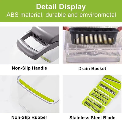 16 in 1 Vegetable Chopper, Multifunctional Food Chopper Slicer Dicer Grater Julienne Cutter with Peeler, Manual Mandoline Vegetable Cutter, 1.5L Container, Stainless Steel Blades for Potato Onion Carrot Cucumber Salad