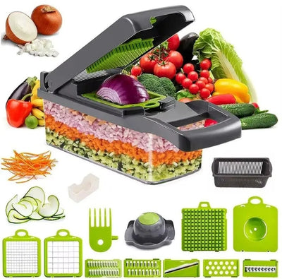 16 in 1 Vegetable Chopper, Multifunctional Food Chopper Slicer Dicer Grater Julienne Cutter with Peeler, Manual Mandoline Vegetable Cutter, 1.5L Container, Stainless Steel Blades for Potato Onion Carrot Cucumber Salad