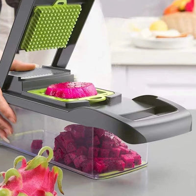 16 in 1 Vegetable Chopper, Multifunctional Food Chopper Slicer Dicer Grater Julienne Cutter with Peeler, Manual Mandoline Vegetable Cutter, 1.5L Container, Stainless Steel Blades for Potato Onion Carrot Cucumber Salad