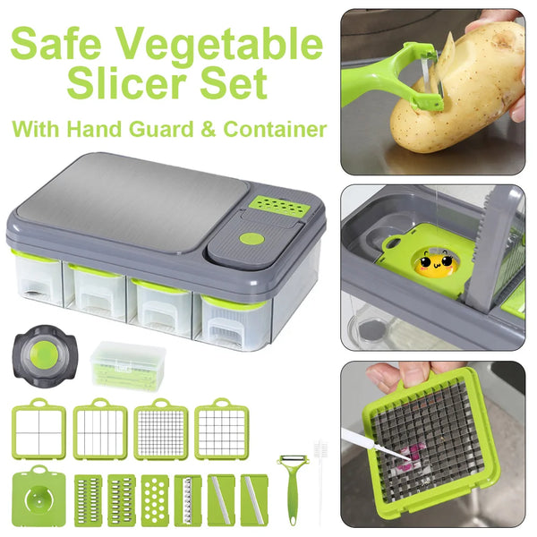 Multifunctional Vegetable Chopper Manual Mandoline Slicer, Dicer, Grater and Shredder for Onions Potatoes, Carrots and Cucumbers, with Container – Kitchen Food Chopping Gadget