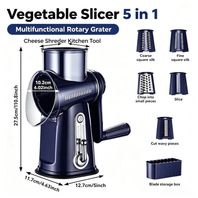 Vegetable Slicer 5 in 1 Multifunctional Rotary Handheld Grater with Stainless Steel Cutter Blade for Cheese Vegetables Fruits and Nuts Durable Kitchen Tool Easy Clean for Home Cooking Salad Prep
